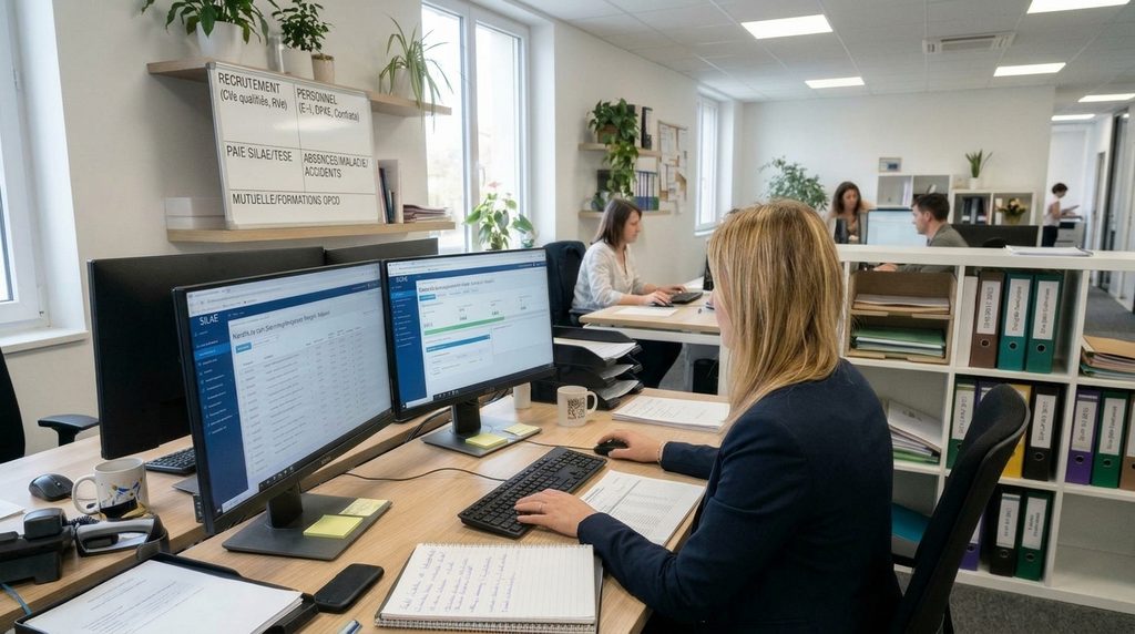 Assistante vue de dos devant deux écrans de logiciel de paie dans un open space lumineux, avec classeurs, notes et collègues en arrière-plan.